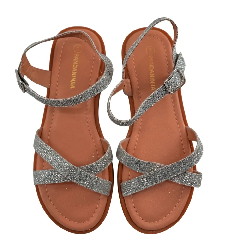 Girls Size 3 Elva Sandals Silver Glitter Strappy Buckle‎ Sparkle Shimmer Flat
